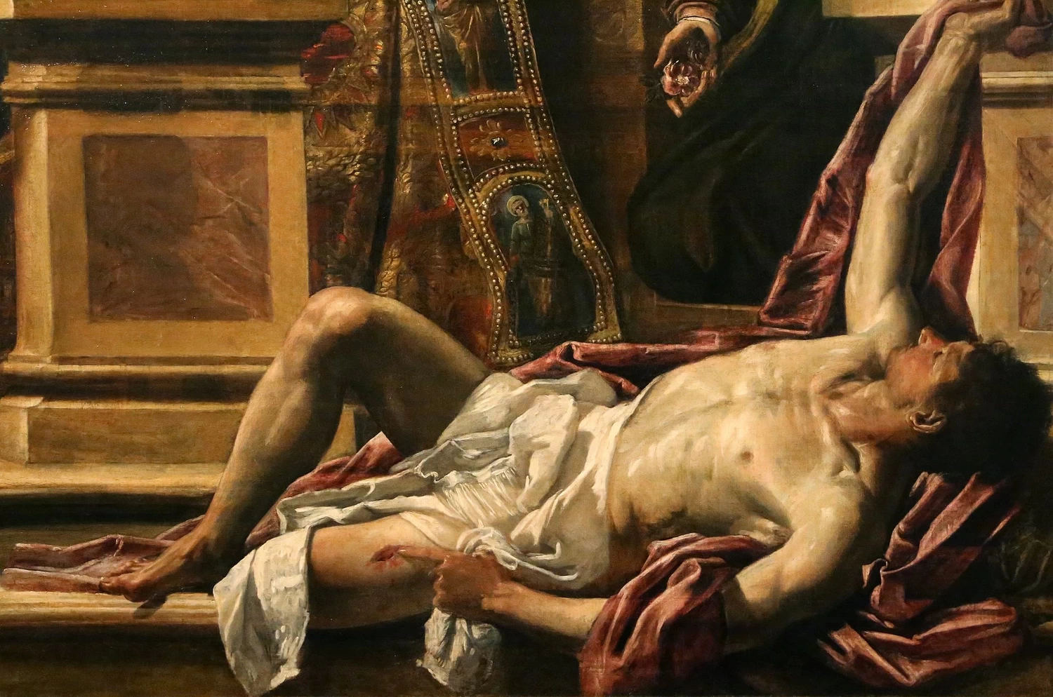 Santa Rosa e un santo vescovo intercedono alla Sacra Famiglia per un appestato - dettaglio